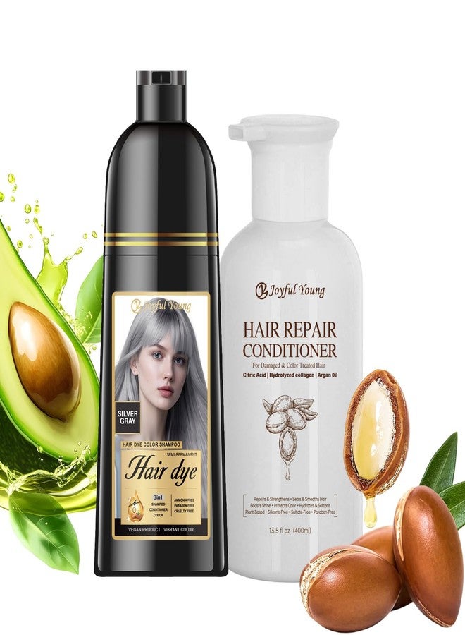 Joyful Young 3-in-1 Natural Hair Dye Shampoo & Hair Repair Conditioner Bundle - Gray Coverage & Deep Moisture - Vegan, Sulfate-Free, Color-Safe - Argan Oil, Collagen - 2x400ml (SILVER GRAY) - Image 1